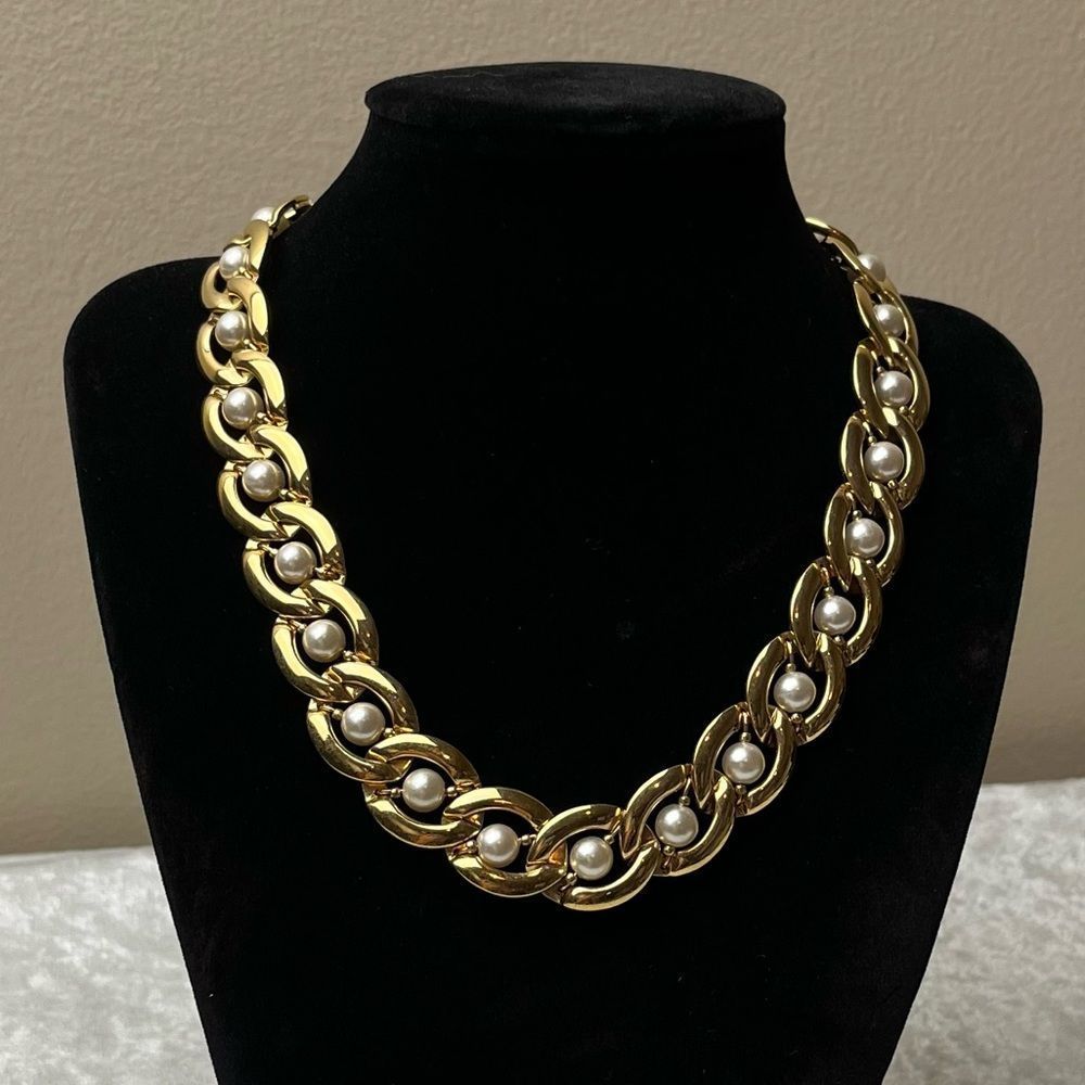 Napier Signed Vintage Gold Tone and Faux Pearl Statement Necklace